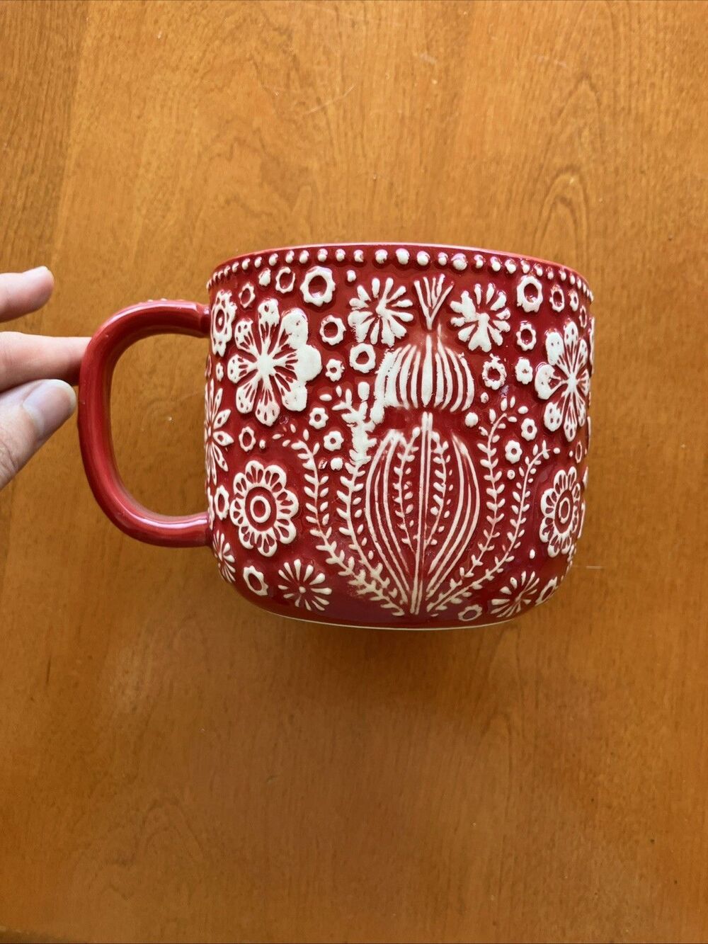 World Market Red White Floral Embossed 3D Large Coffee or Soup Mug